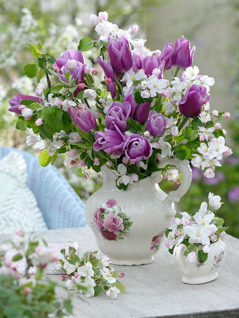 Bouquet of Tulipa 'Valentine' and Malus 'Evereste'