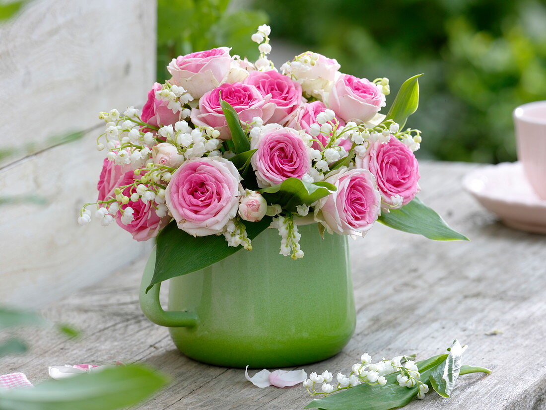 Rosa 'Mini Eden' (Rosen) und Convallaria majalis (Maiglöckchen)