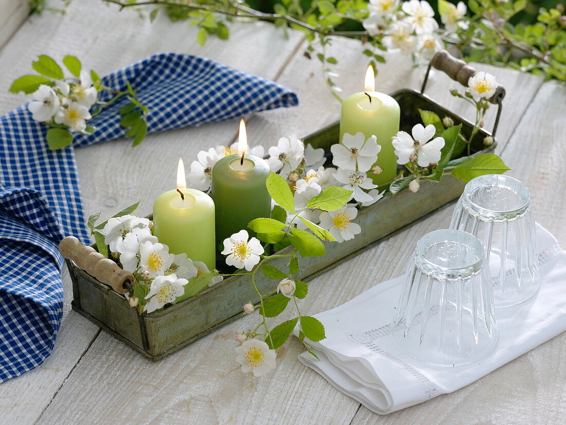 Green candles in metal coasters with handles