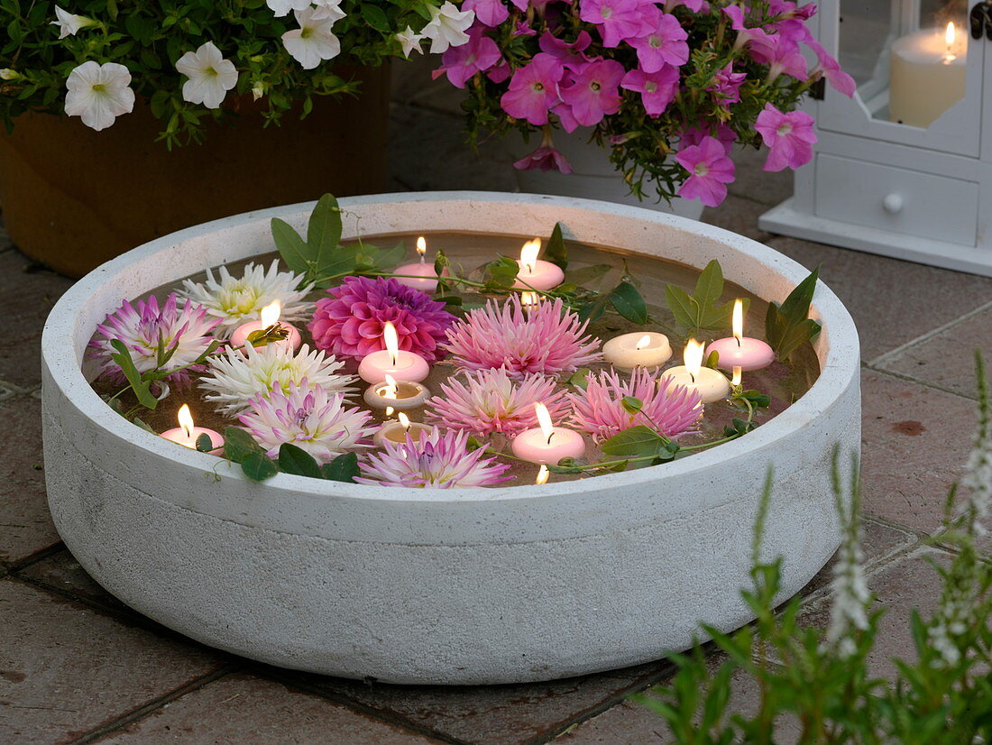 Blüten und Schwimmkerzen in breiter Schale