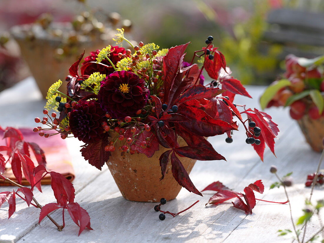 Herbststrauß aus Dahlia (Dahlien), Fenchel (Foeniculum), Rosa