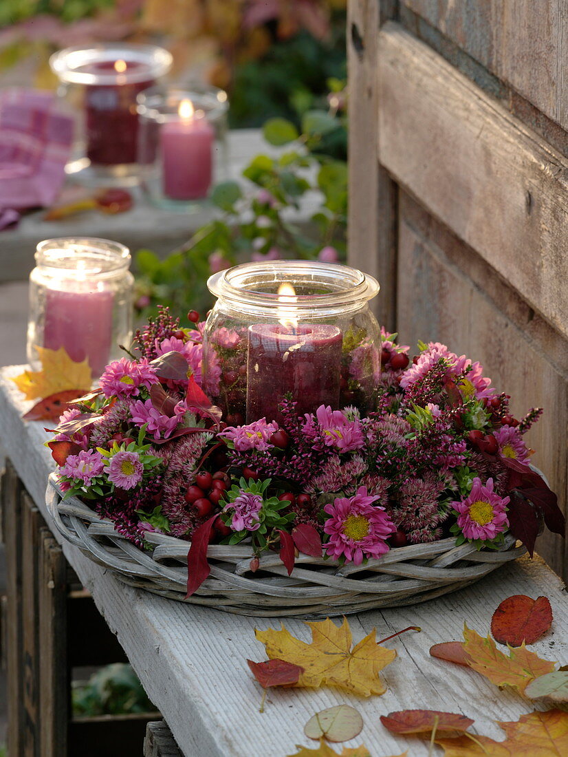 Autumn wreath with mason jar as a lantern