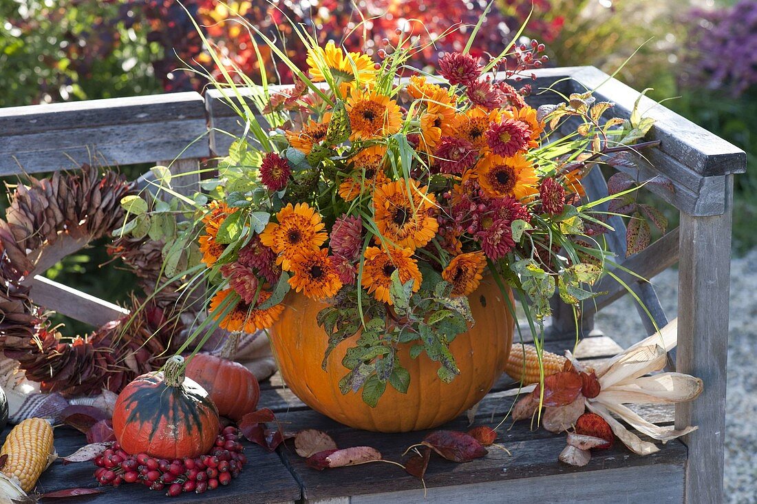 Bouquet in pumpkin as a vase