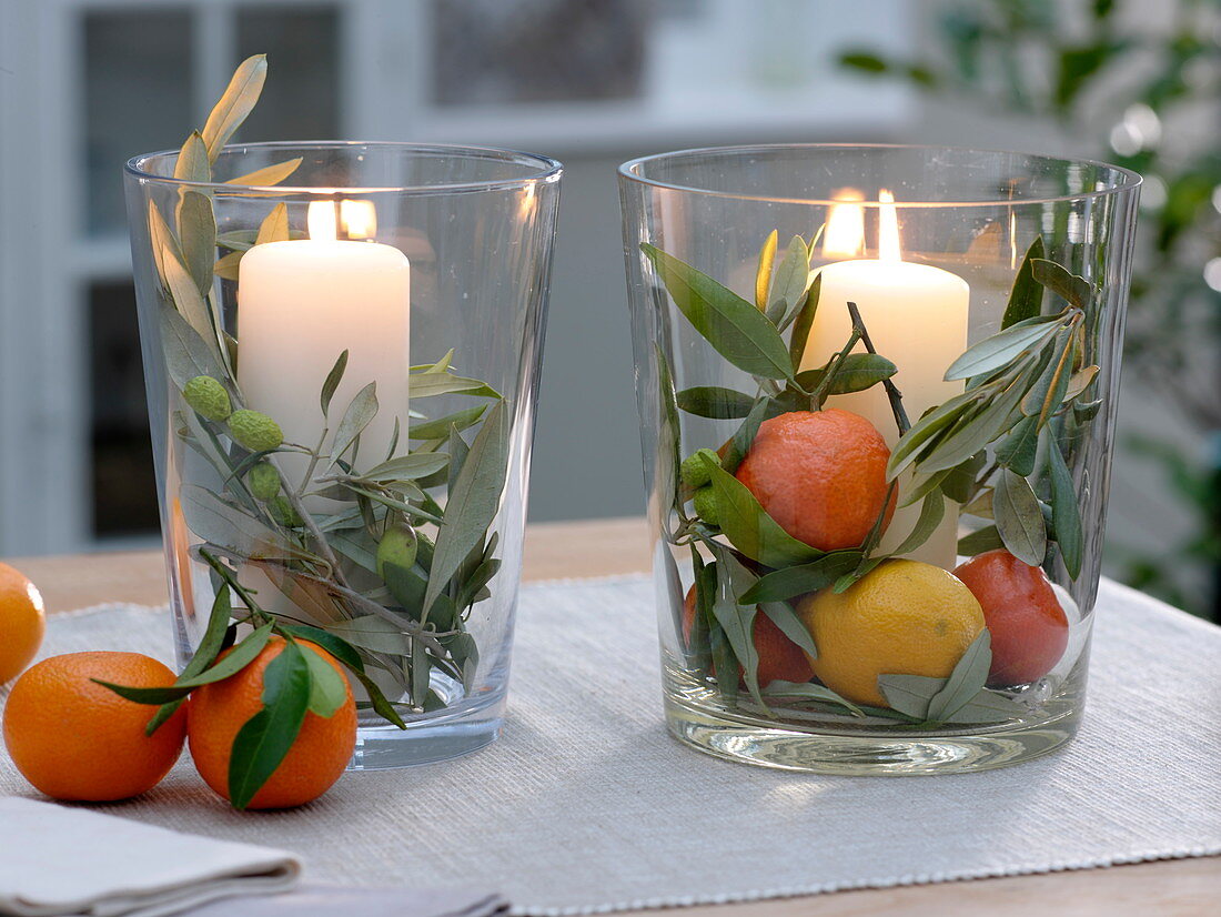 Mediterranean lanterns with olive branches and citrus fruits