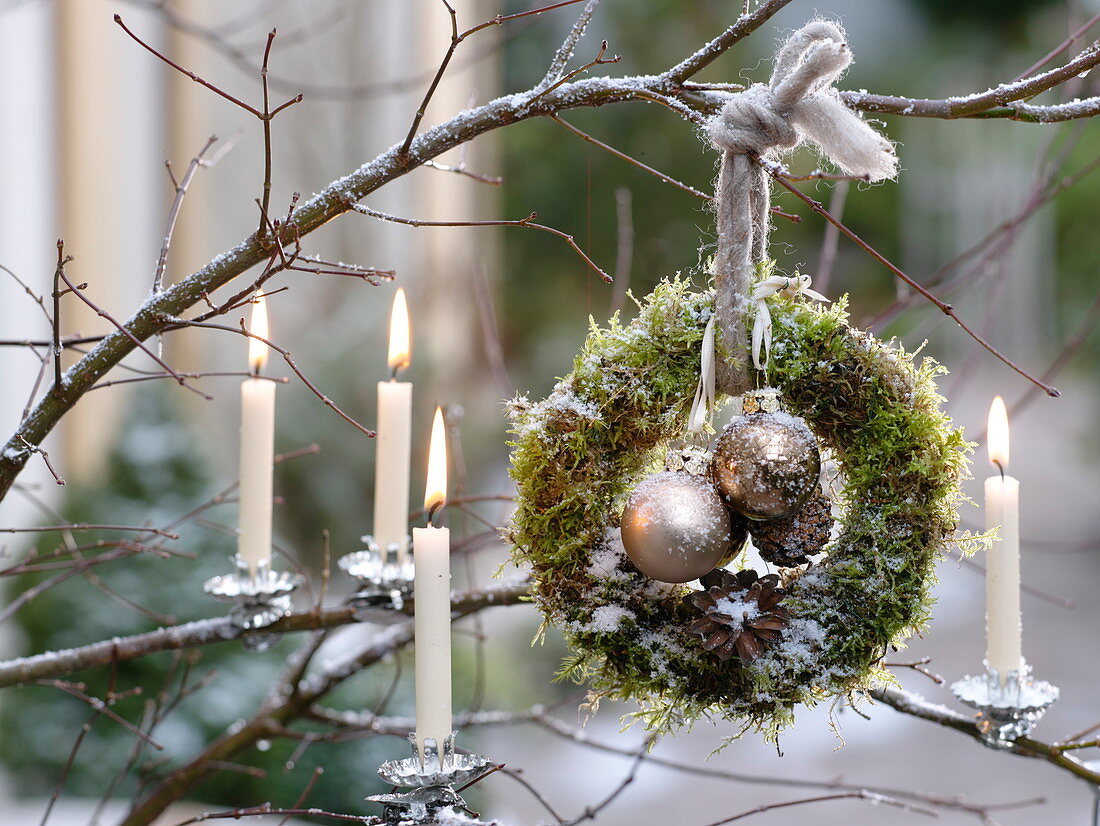 Moss wreath covered with snow, decorated with Pinus cones