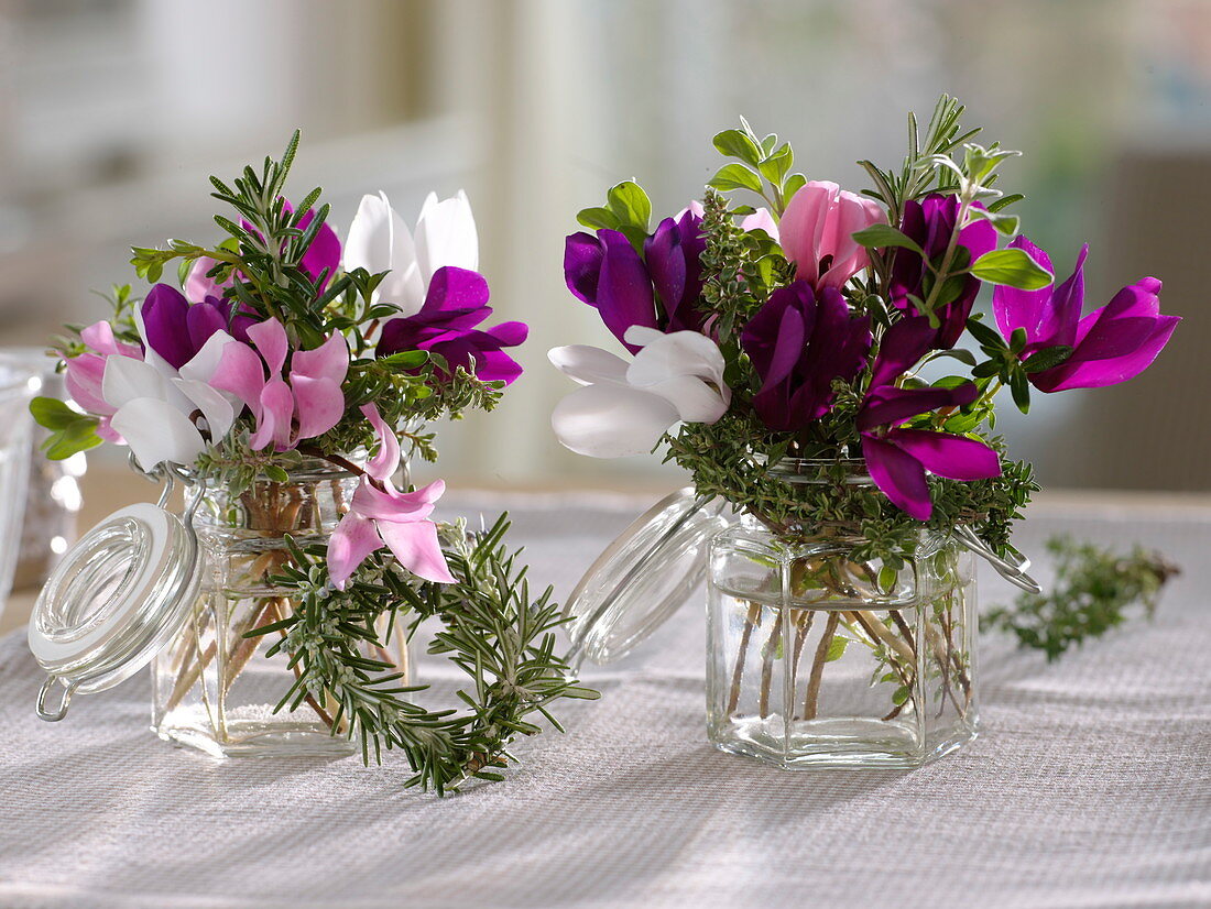 Small bouquets of cyclamen and herbs