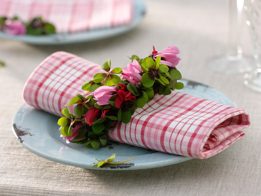 Napkin ring made of Oxalis deppei and Cyclamen persicum