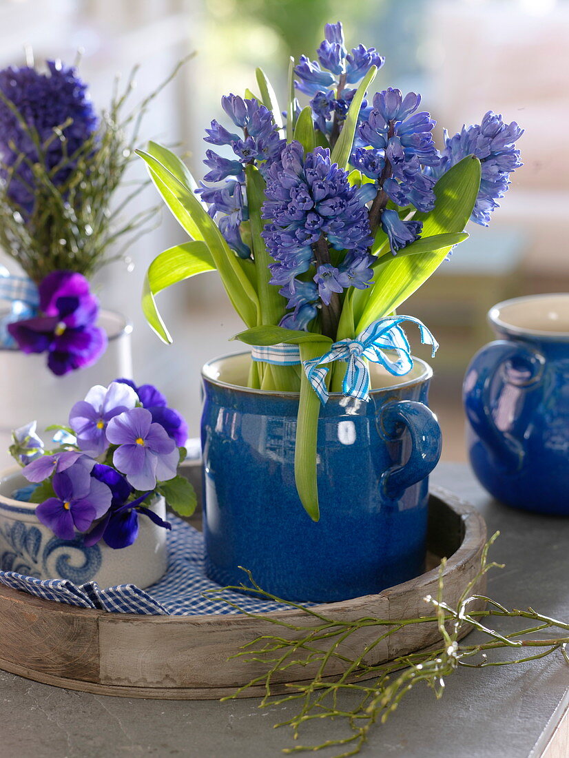 Stehstrauß aus Hyacinthus (Hyazinthen) in blauer Keramik