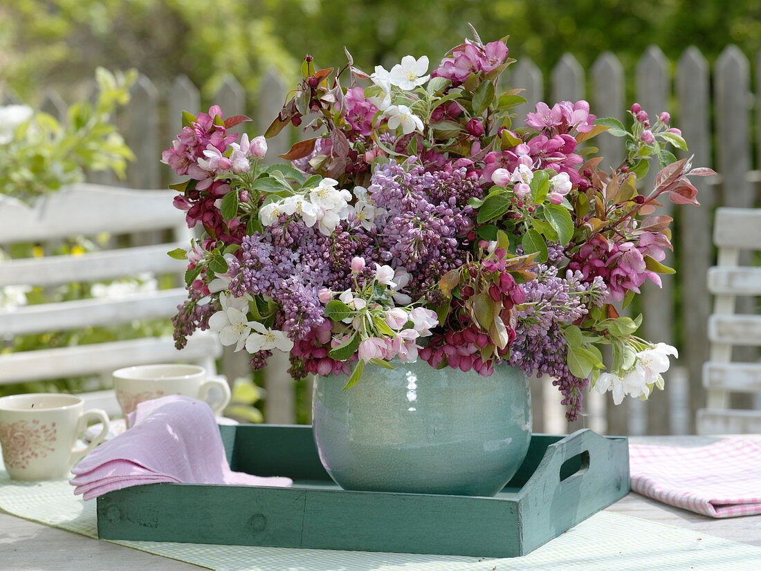 Bouquet of branches of Malus (apple) and Syringa (lilac)