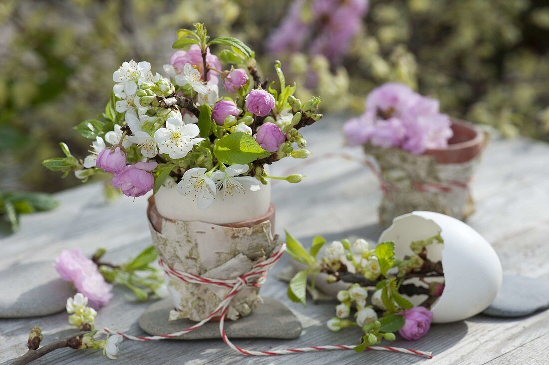 Small Prunus bouquet in duck egg as a vase