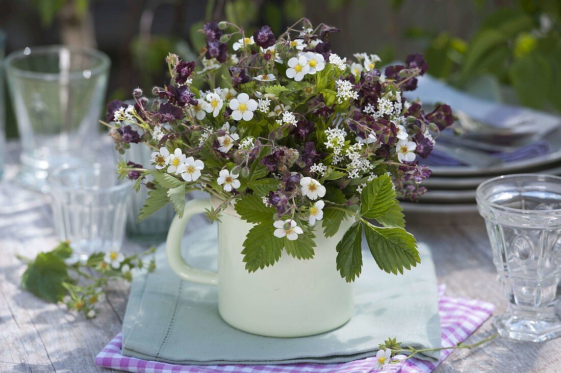 Bouquet in enamelled milk pot: strawberries (Fragaria vesca), woodruff