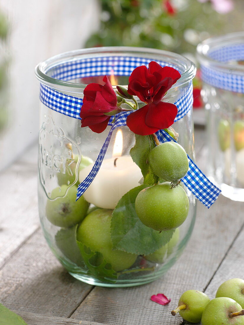 Preserving jar as a lantern with candle on green apples (Malus)