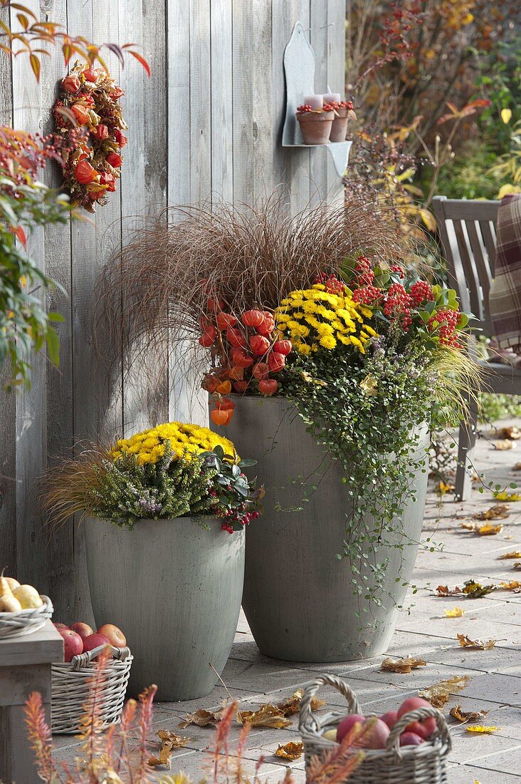 Hohe graue Kübel herbstlich bepflanzt