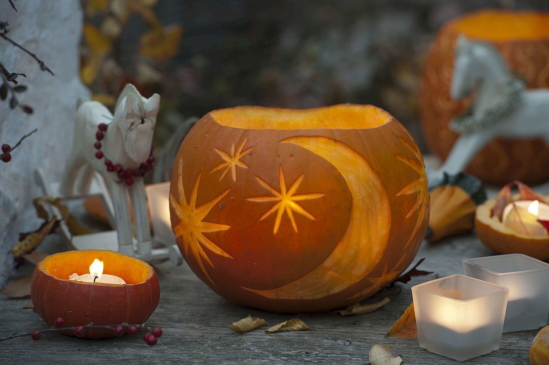 Pumpkin carved with moon and stars, small pumpkins