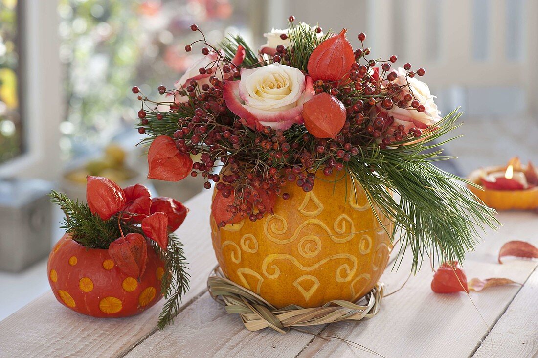 Decorative carved pumpkins (cucurbita) as vases for pink
