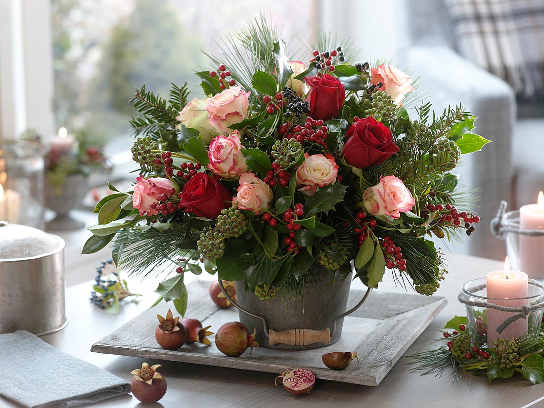 Winter bouquet of Rose, Ilex, Hedera