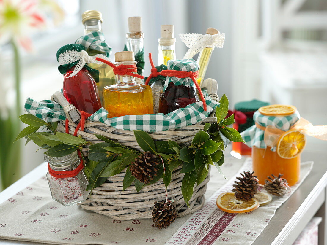 Gift basket with homemade vinegar and oil specialties