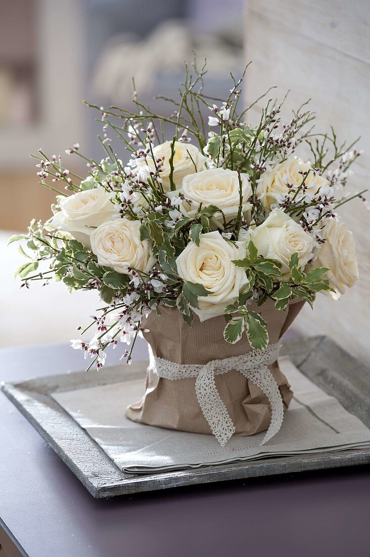 White Bouquet with Rosa 'Dolomiti' (Rose), Cytisus (Broom)
