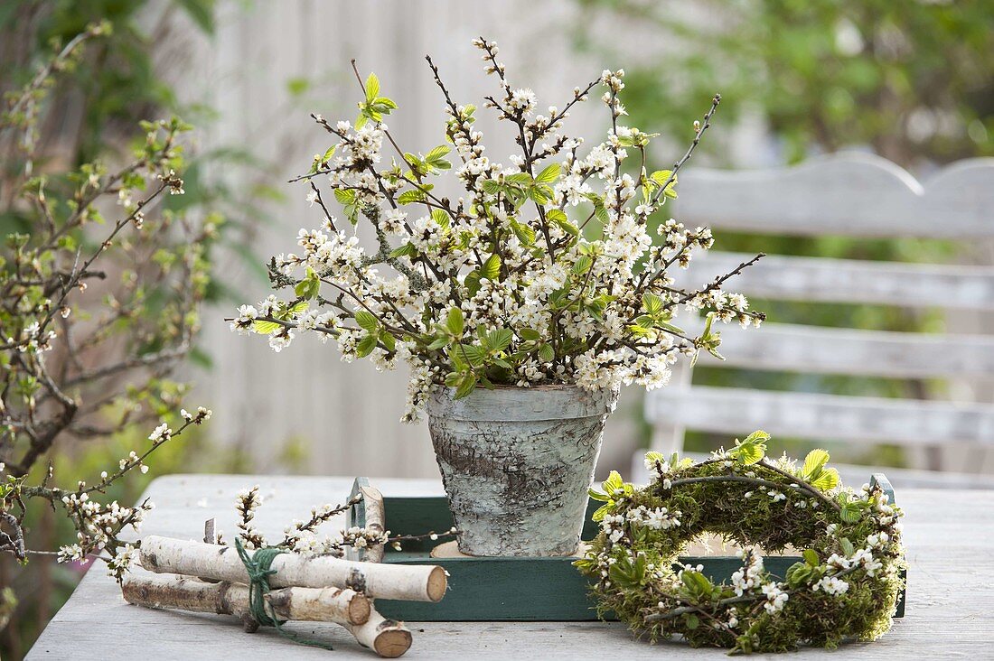 Bouquet and wreath of Prunus spinosa (blackthorn) and Betula (birch)