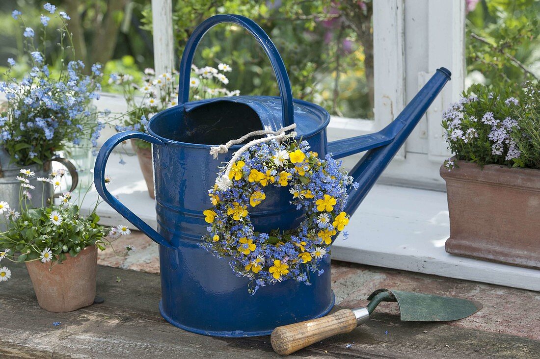 Blue-yellow spring wreath on watering can at greenhouse window