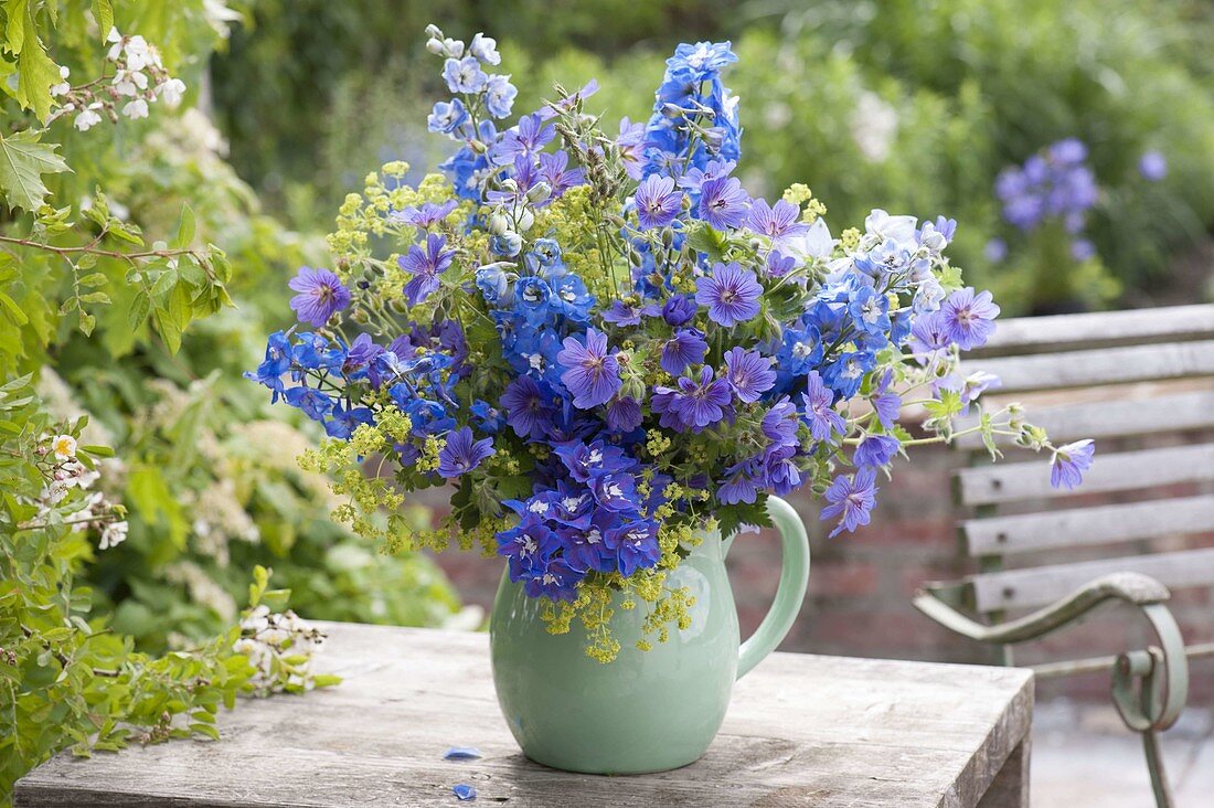 Blue-violet Delphinium (Delphinium) bouquet, Geranium