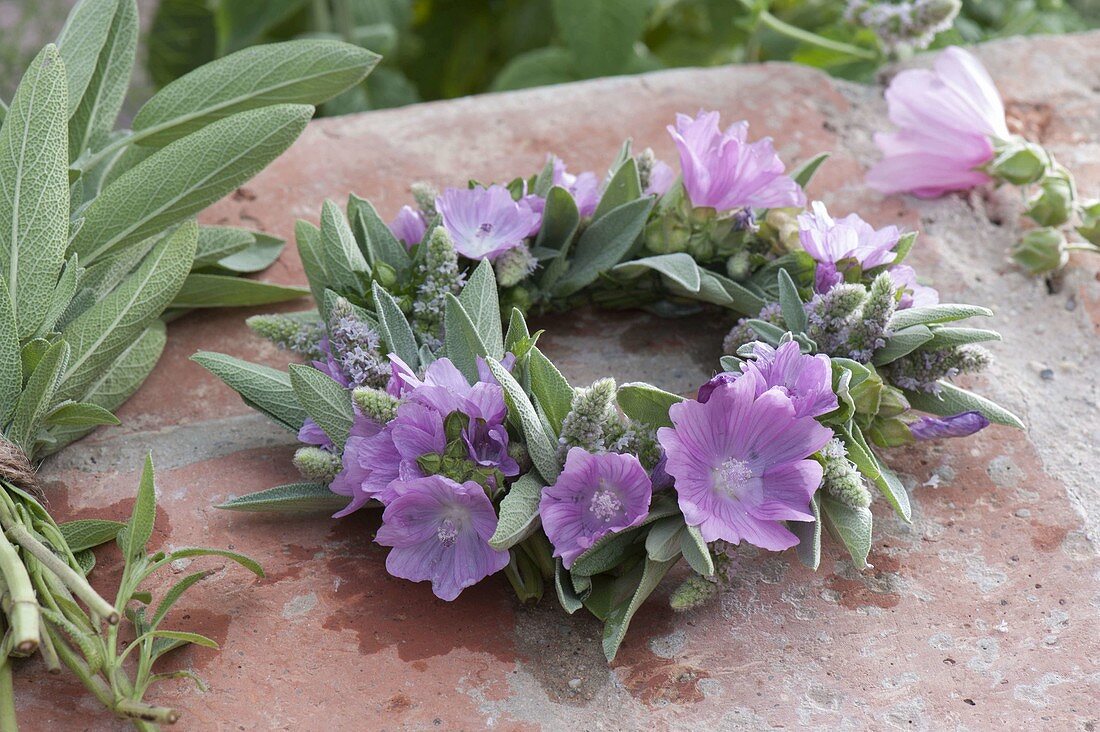 Malva (mallow), sage (salvia) herbal flower wreath