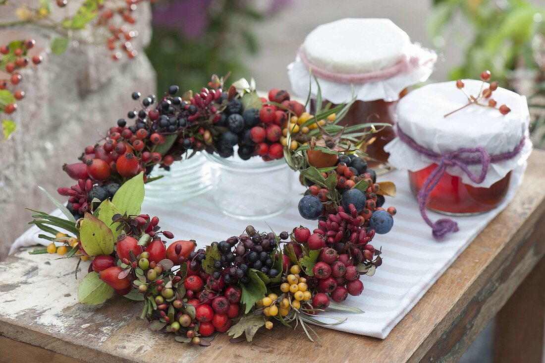 Wreath with wild fruits, sorbus, hippophae