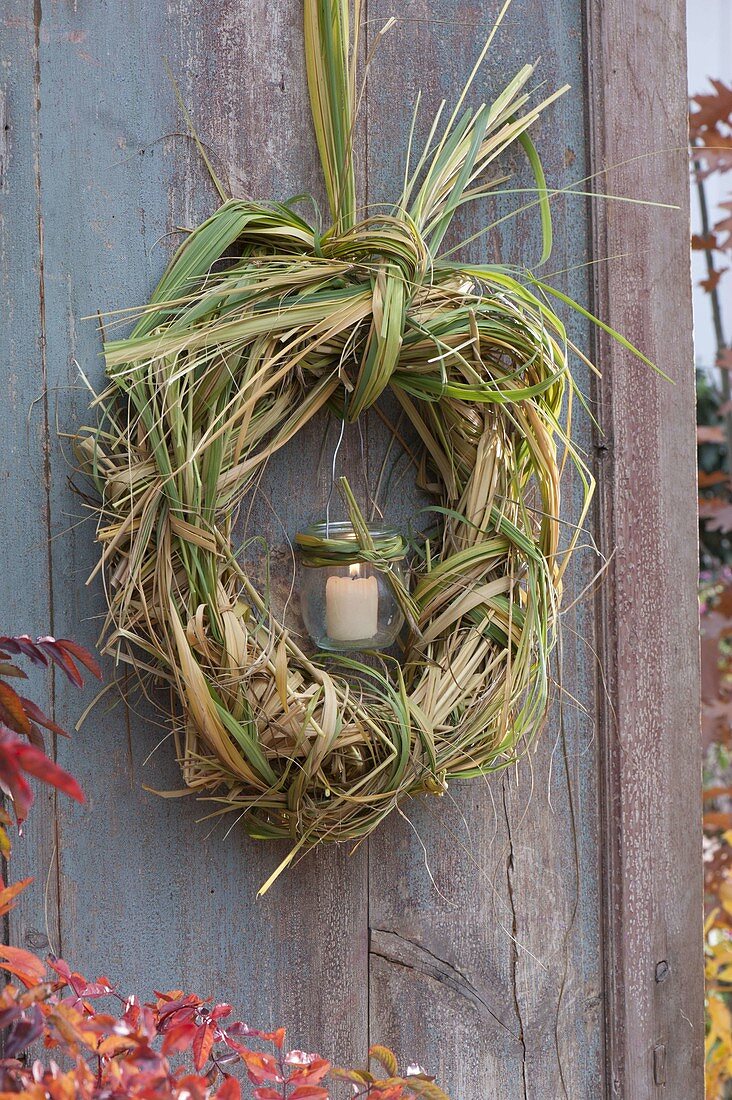 Wreath made of autumnal Spartina (Golden Bar Grass) knotted and twined