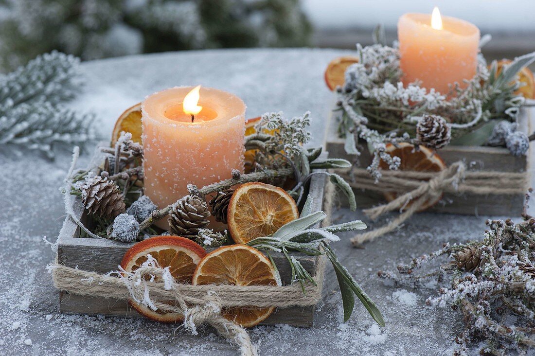 Kleine Holzkästchen mit Kerzen, getrockneten Orangenscheiben (Citrus)