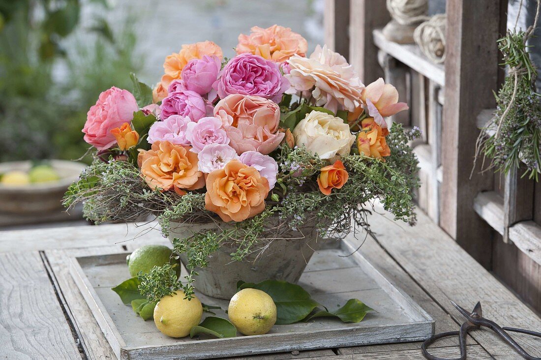 Bouquet of mixed pinks (roses) and lemon thyme