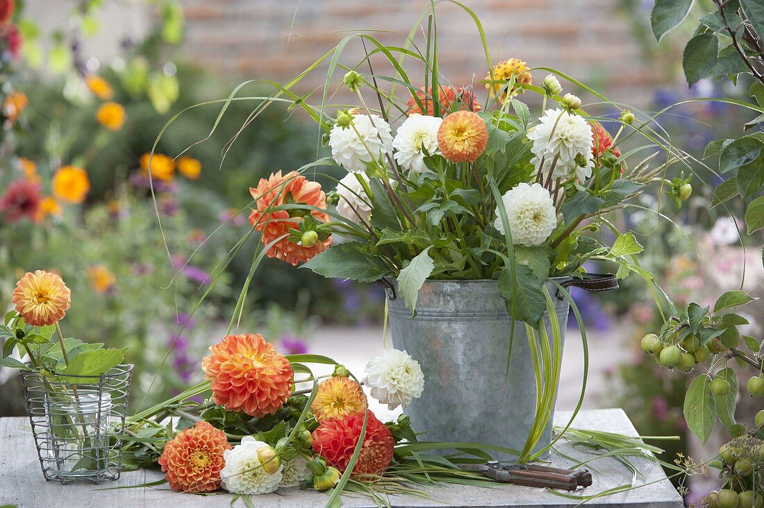 Orange-weissen Strauss aus Dahlia (Dahlien) und Gräsern