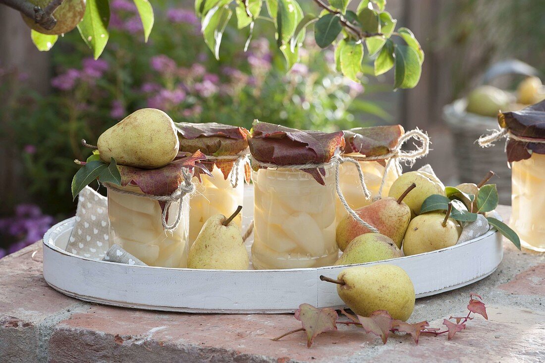 White tray with fresh pears (Pyrus communis) and pear compote