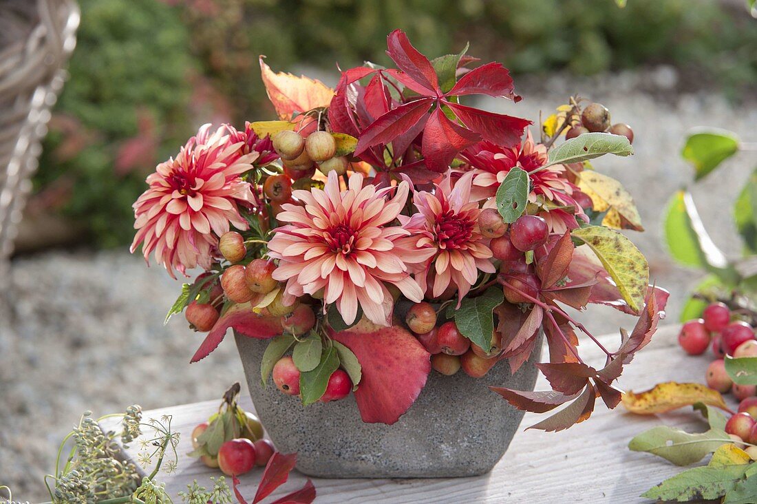 Autumn bouquet of dahlia, malus and leaves