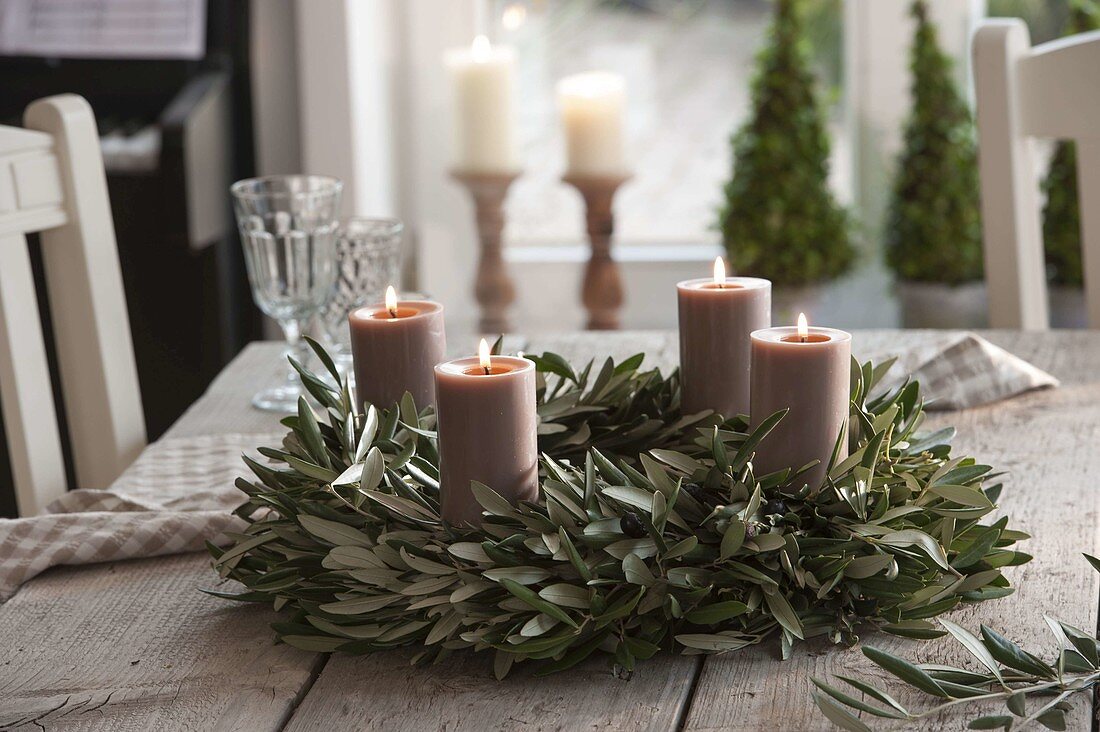 Mediterranean Advent wreath of olive branches with candles