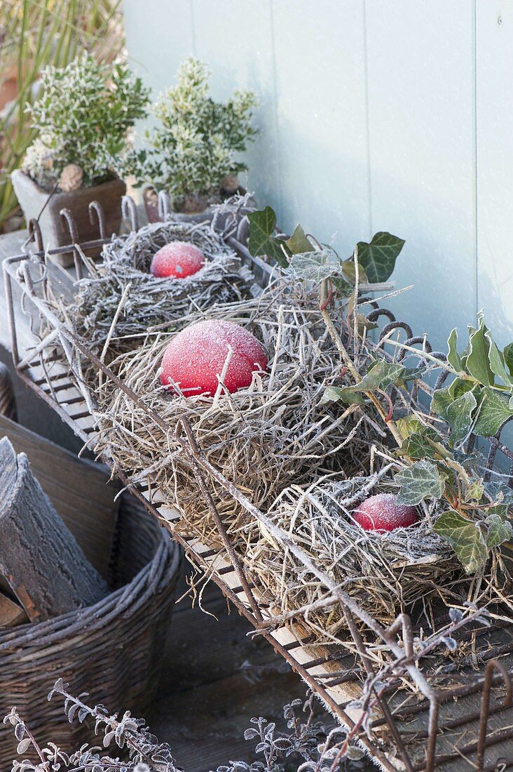 Red balls placed as decoration in empty bird's nests