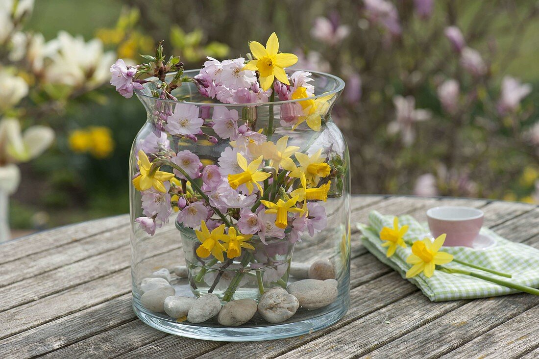 Strauss aus Prunus (Zierkirsche) und Narcissus 'Tete a Tete' (Narzissen)