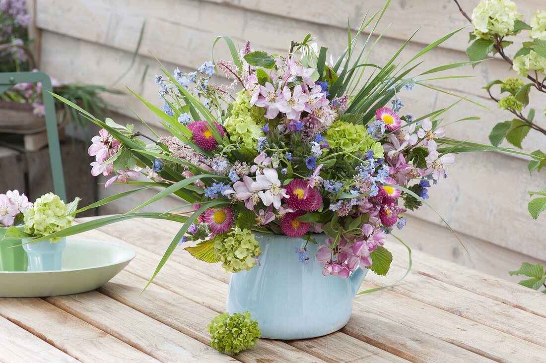 Small spring Viburnum and Bellis bouquet in Blue Pitcher