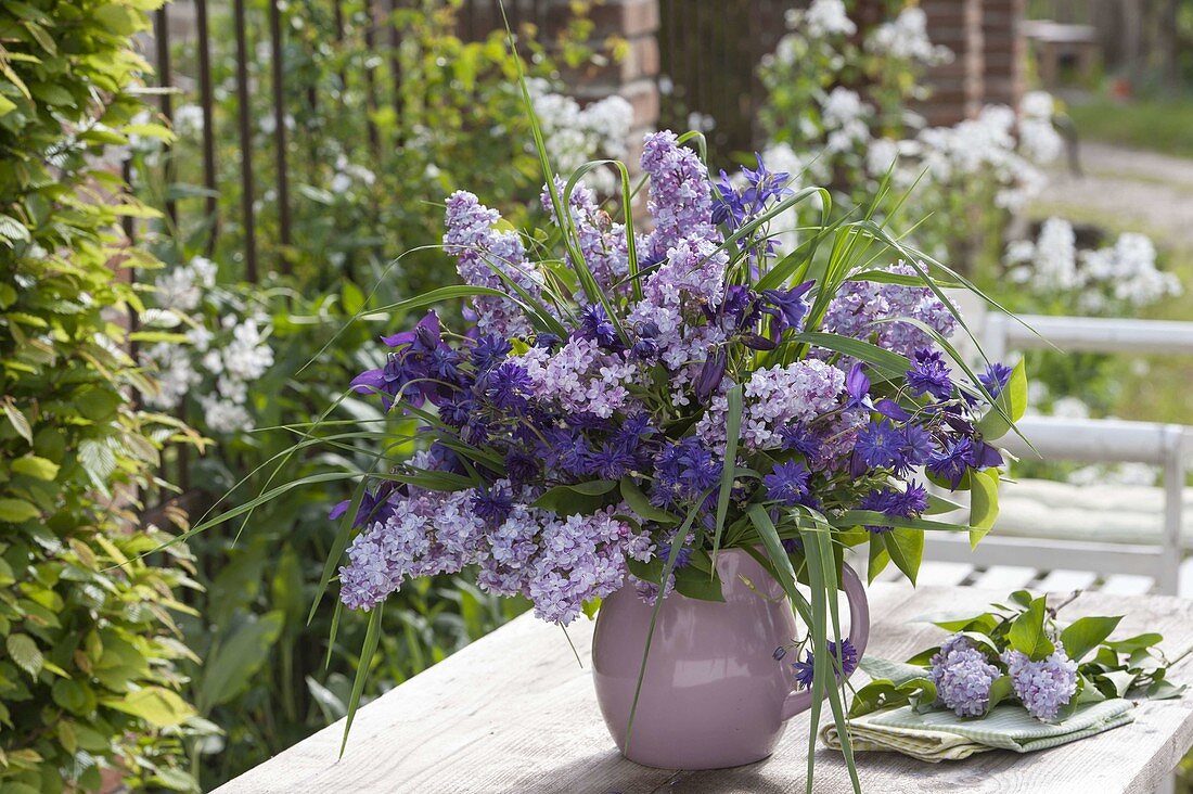 Blue-violet bouquet from Syringa, Aquilegia and Graes