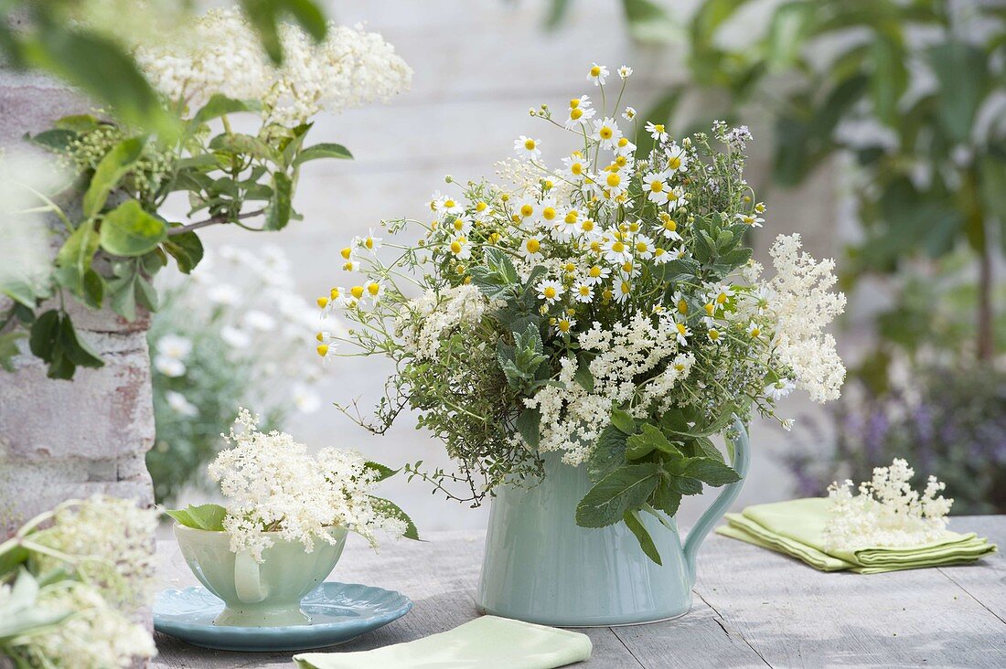 White bouquet of tea herbs, elderberry, chamomile