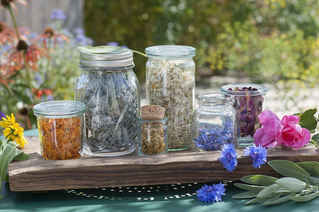 Jars with dried flowers and leaves for tea