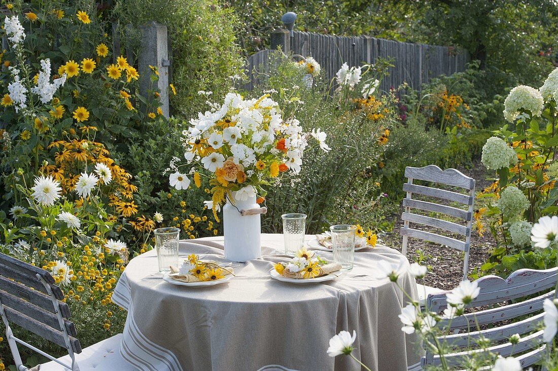Small seat at the yellow and white bed with Dahlia 'My Love'