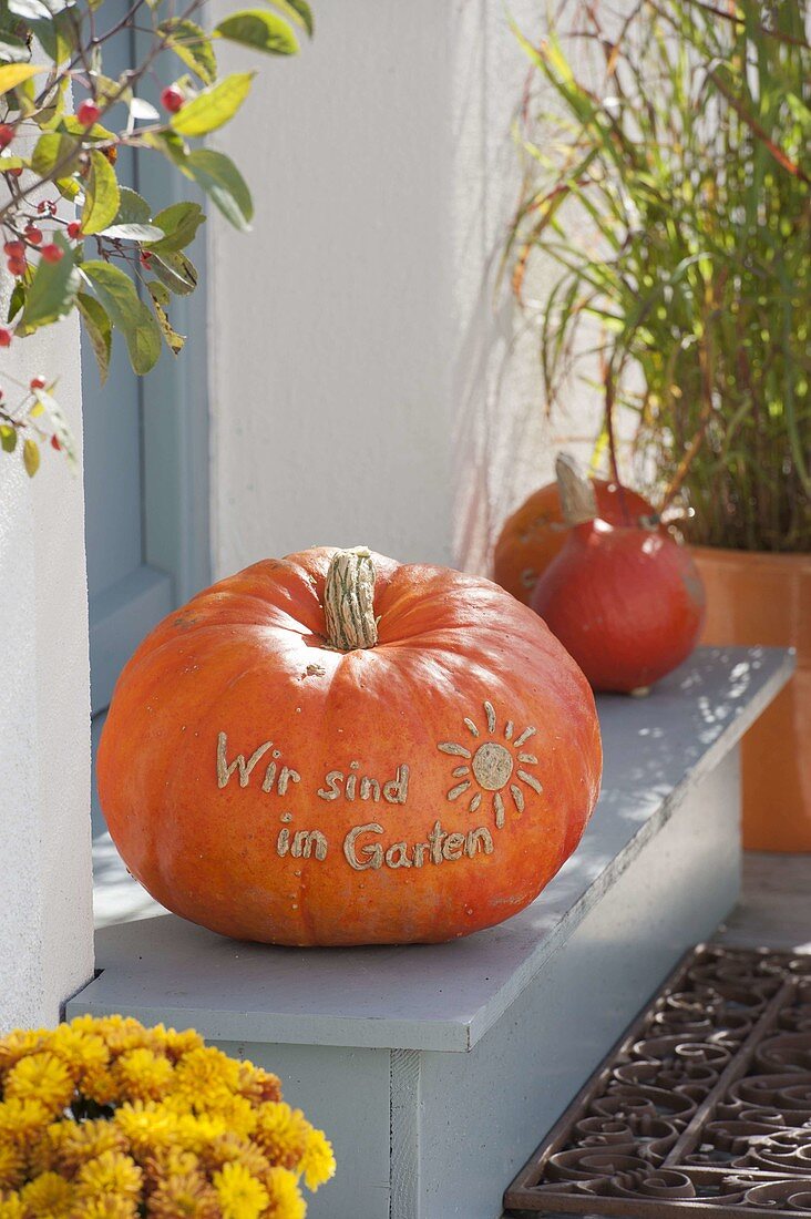 Pumpkin with message 'Wir sind im Garten' at the front door