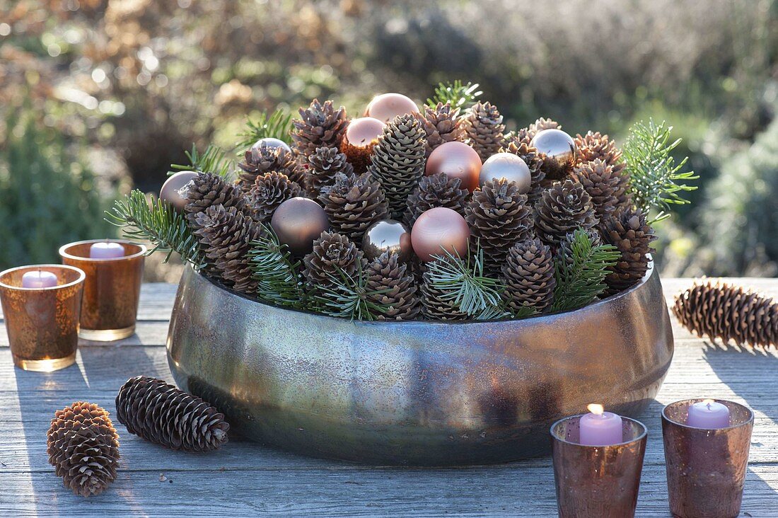 Kupferschale gefüllt mit Zapfen von Picea (Fichte) und Zweigen von Abies