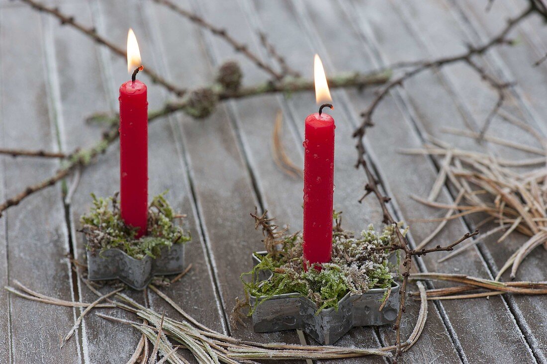 Red candles in star shapes with moss
