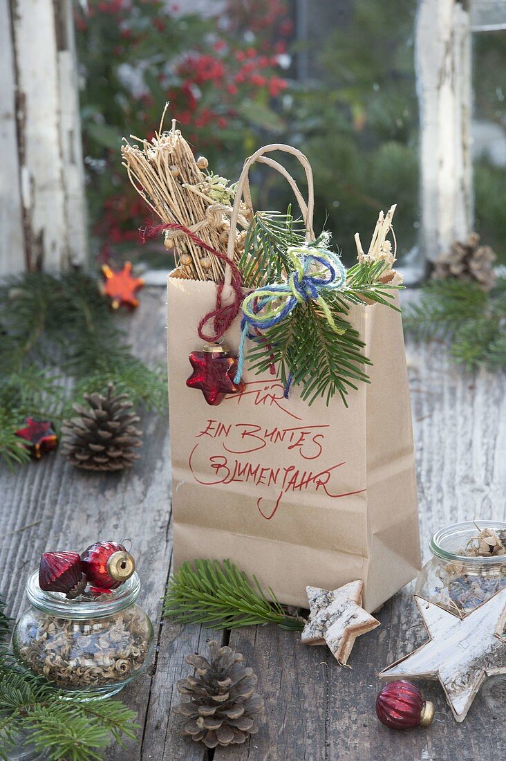 Paper bag with flower seeds as a gift for garden lovers