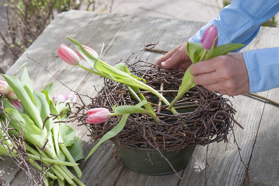Tulpen-Gesteck in Kranz aus Birkenreisern