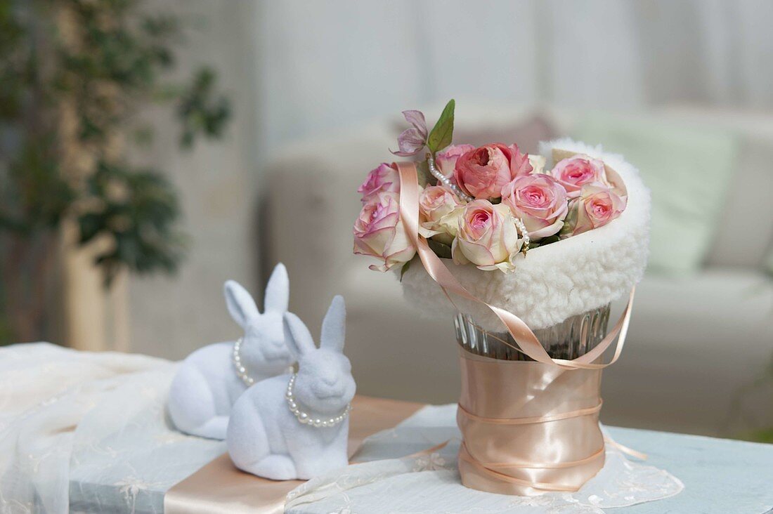 Romantic Easter bouquet with Rosa salmon silk ribbon