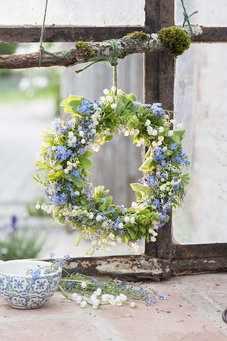 Spring wreath made from Convallaria (lily of the valley), Myosotis