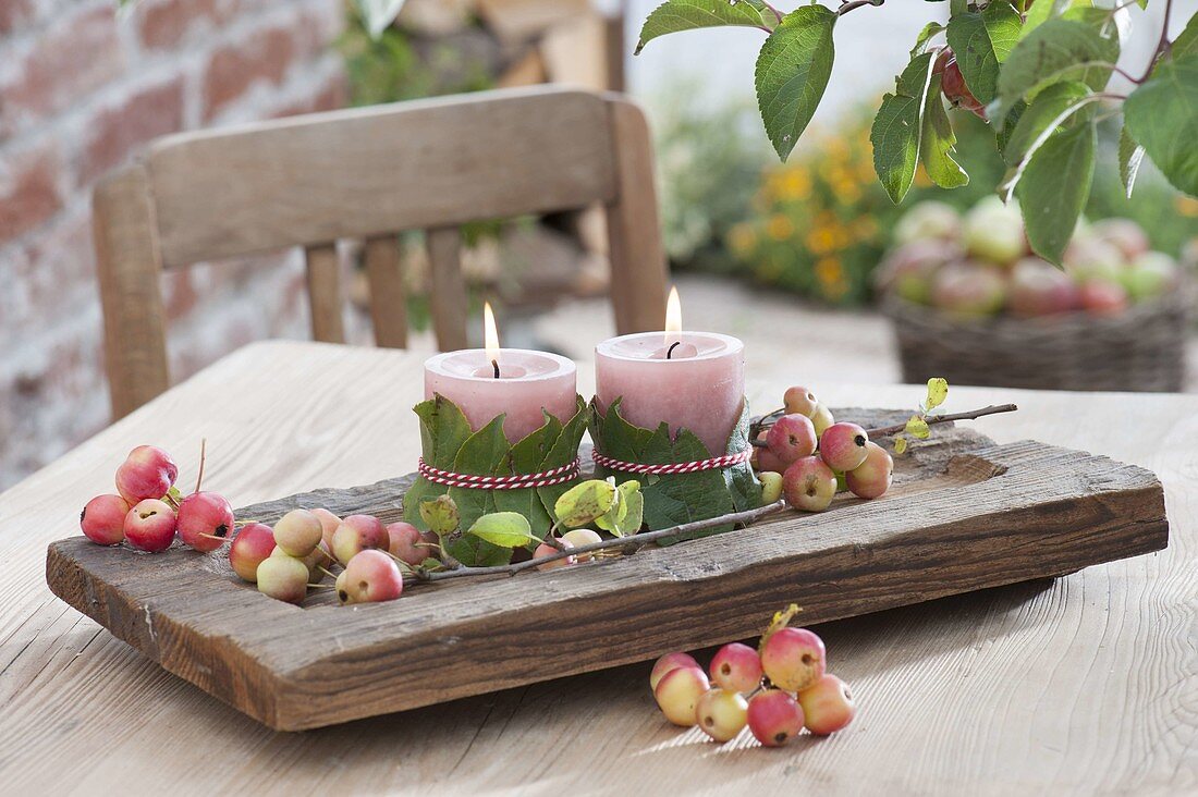 Kleine Kerzendeko mit Malus 'Van Eseltine' (Zieräpfeln)