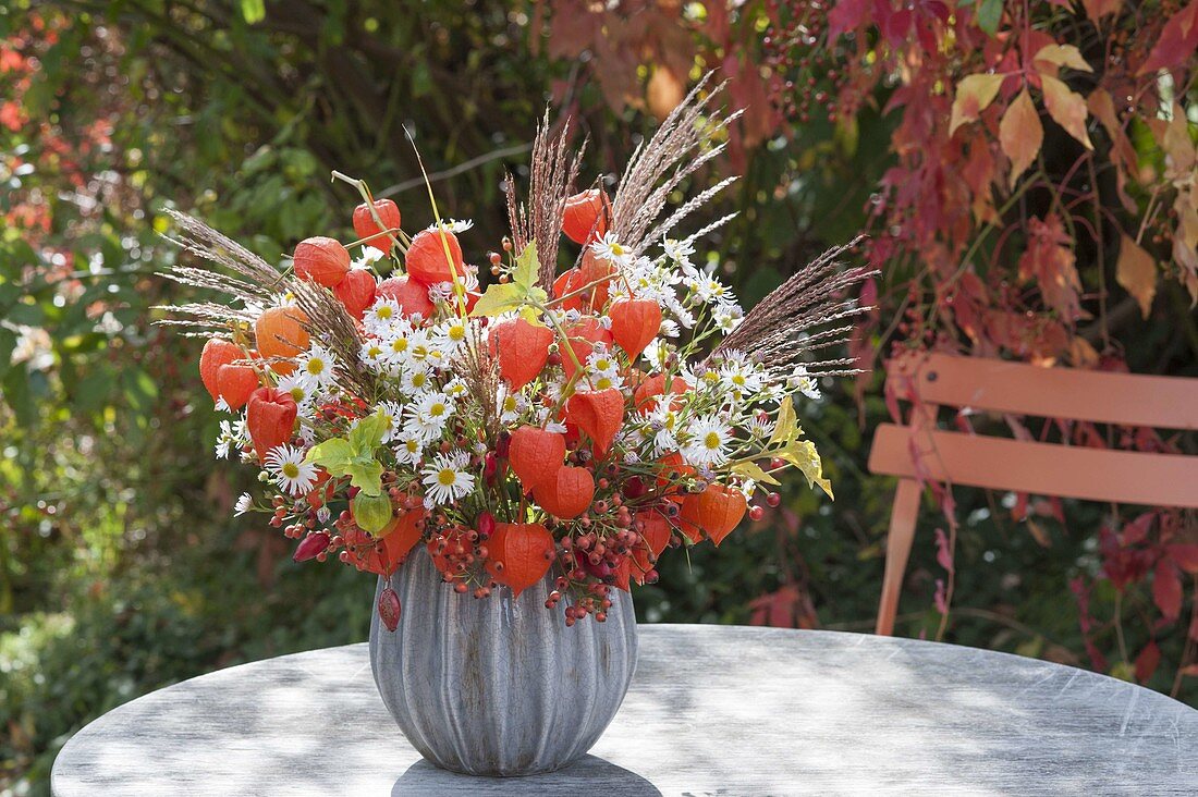 Autumn bouquet with physalis, aster, miscanthus